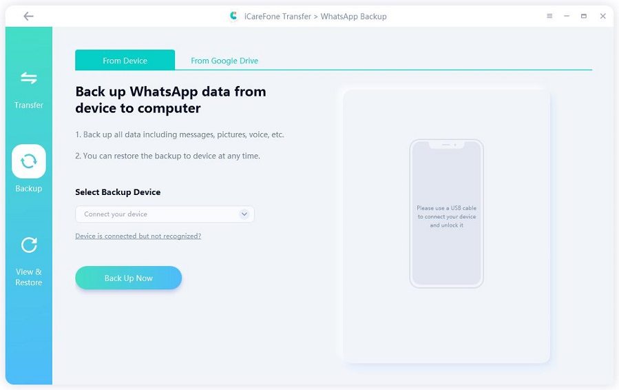 icarefone transfer guide - back up whatsapp interface