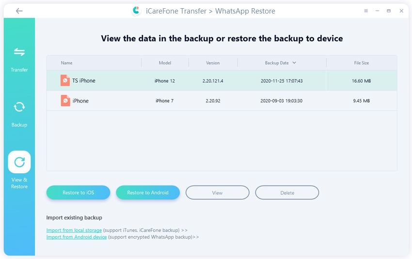 click backup file icarefone for whatsapp transfer