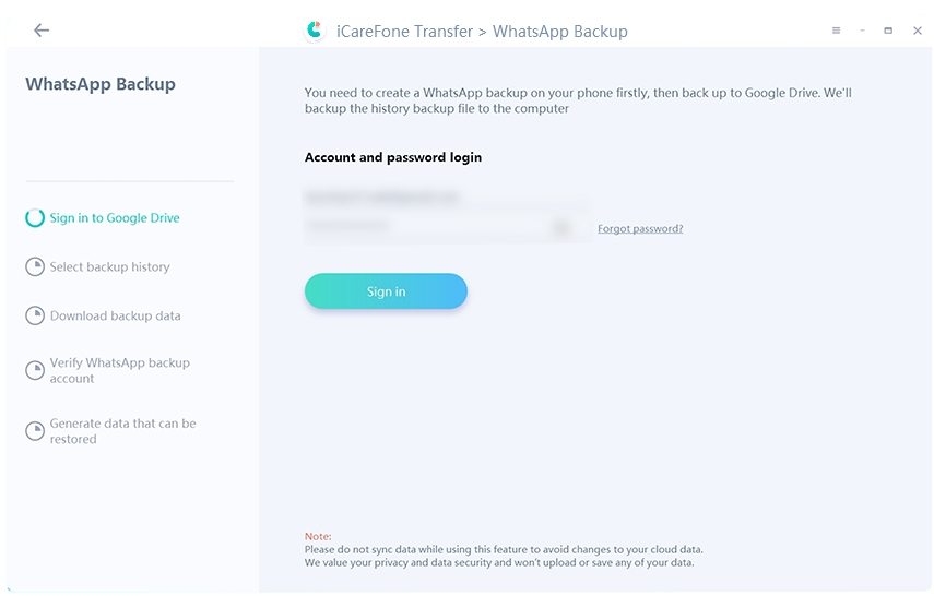icarefone transfer guide - back up whatsapp interface