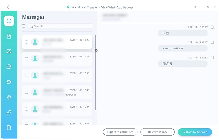 icarefone transfer guide - back up whatsapp interface