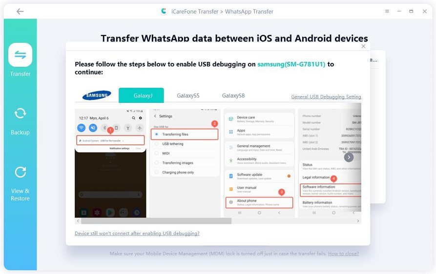 enable USB debugging by following on screen guide of whatsapp transfer with icarefone