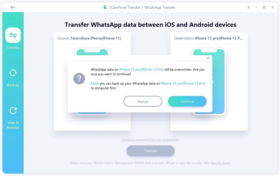 make sure logged in whatsapp with icarefone