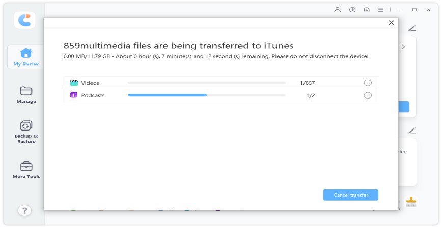 transferring device media to itunes completed - icarefone guide