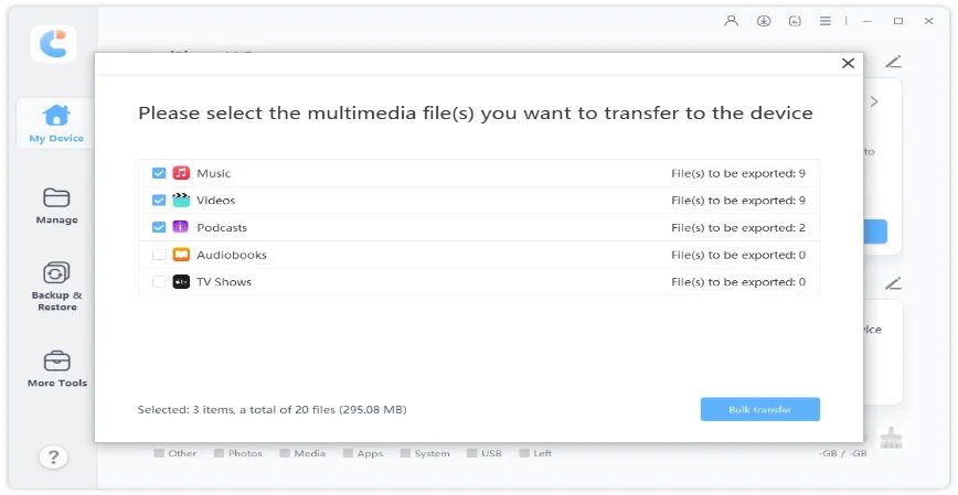 transfer device media files to itunes - icarefone guide