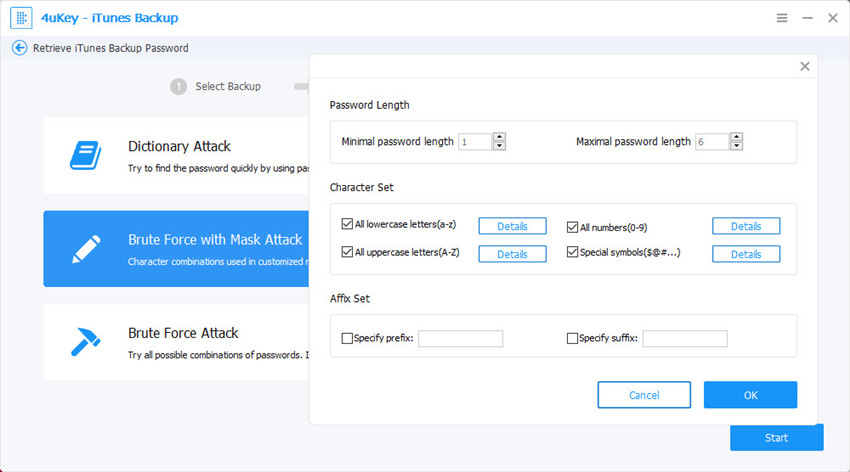 brute force with mask attack settings - 4ukey itunes backup guide