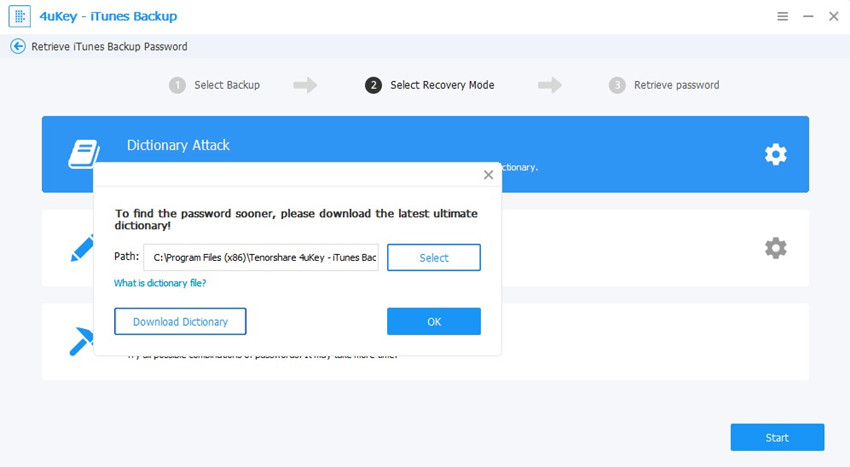 dictionary attack settings - 4ukey itunes backup guide