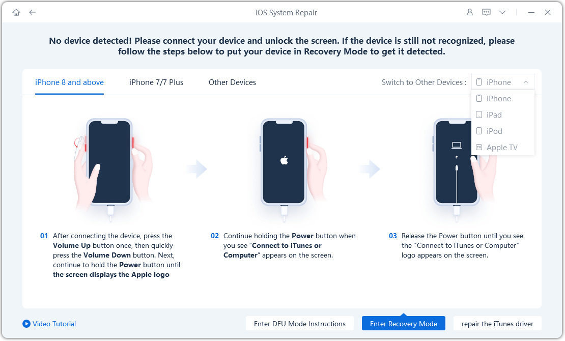 put your iphone into recovery mode by reiboot