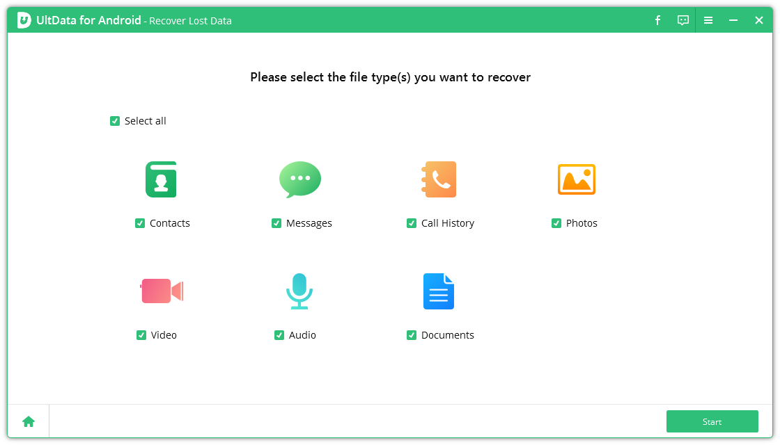 scan en preview van verloren bestanden zijn ingeschakeld door ultdata voor Android