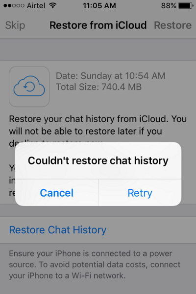 whatsapp kan niet herstellen vanaf icloud